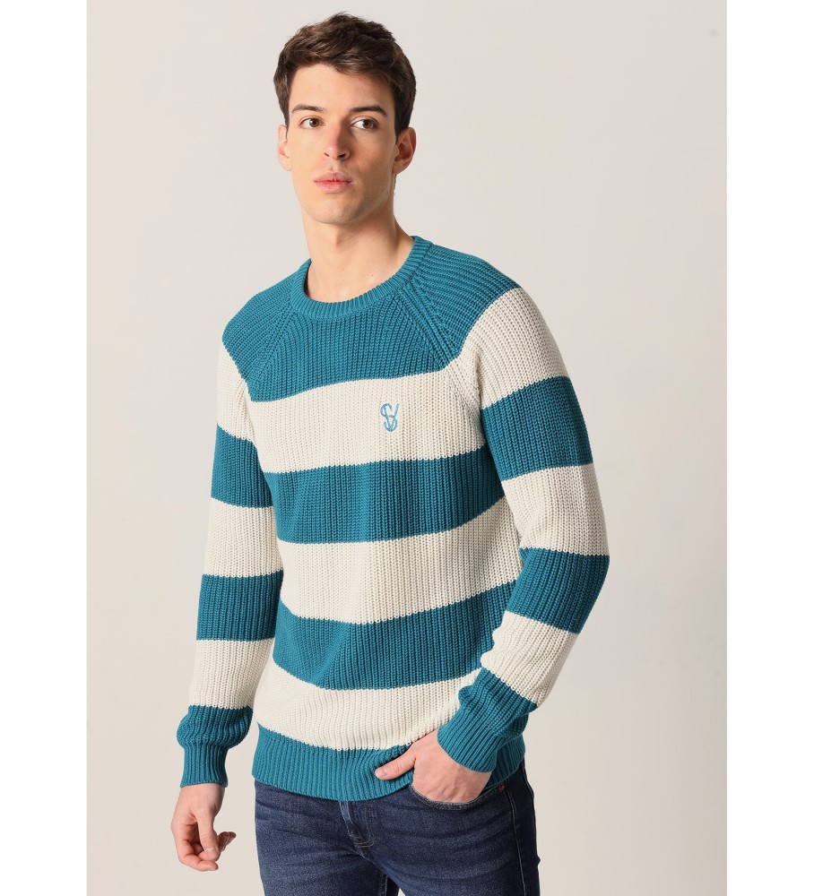 Six Valves Ribbed striped jumper with green raglan sleeves