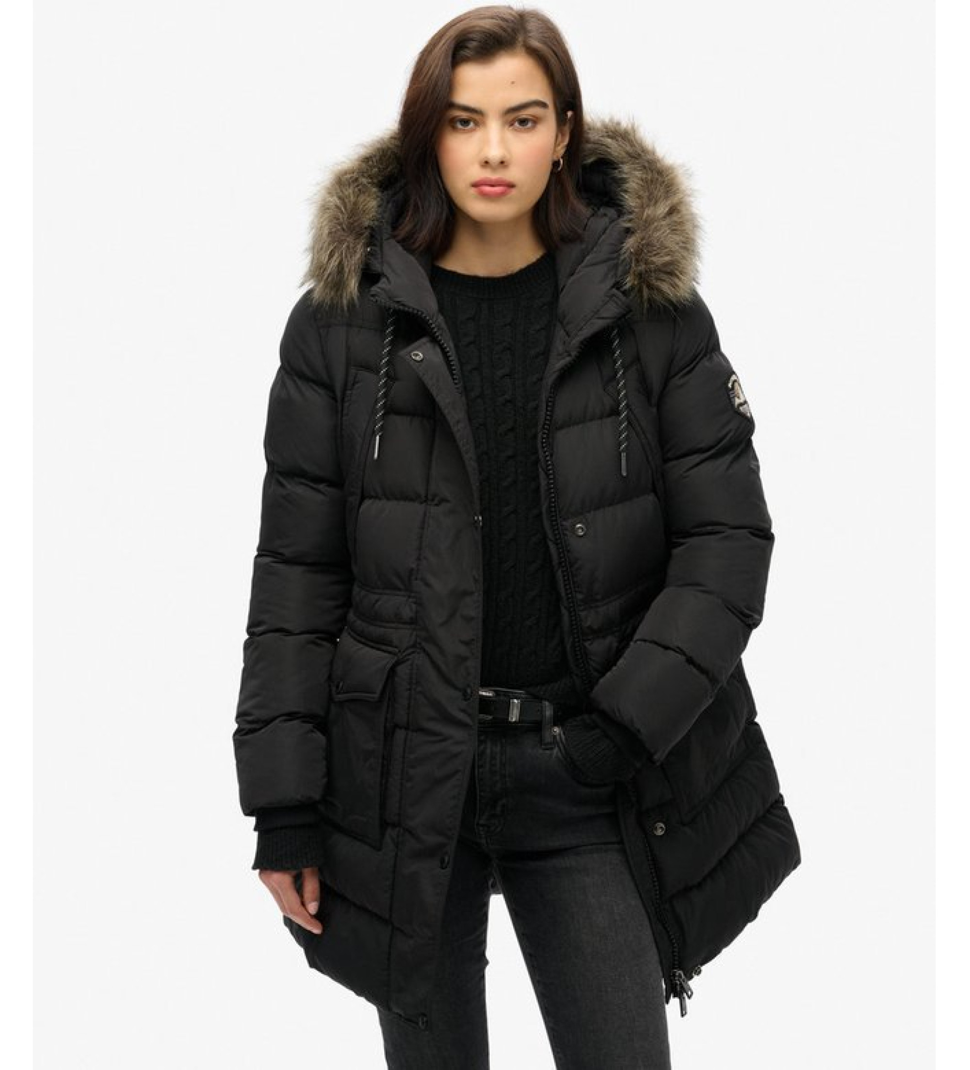 Superdry Faux fur mid-length black Everest quilted coat Superdry Faux fur mid-length black Everest quilted coat