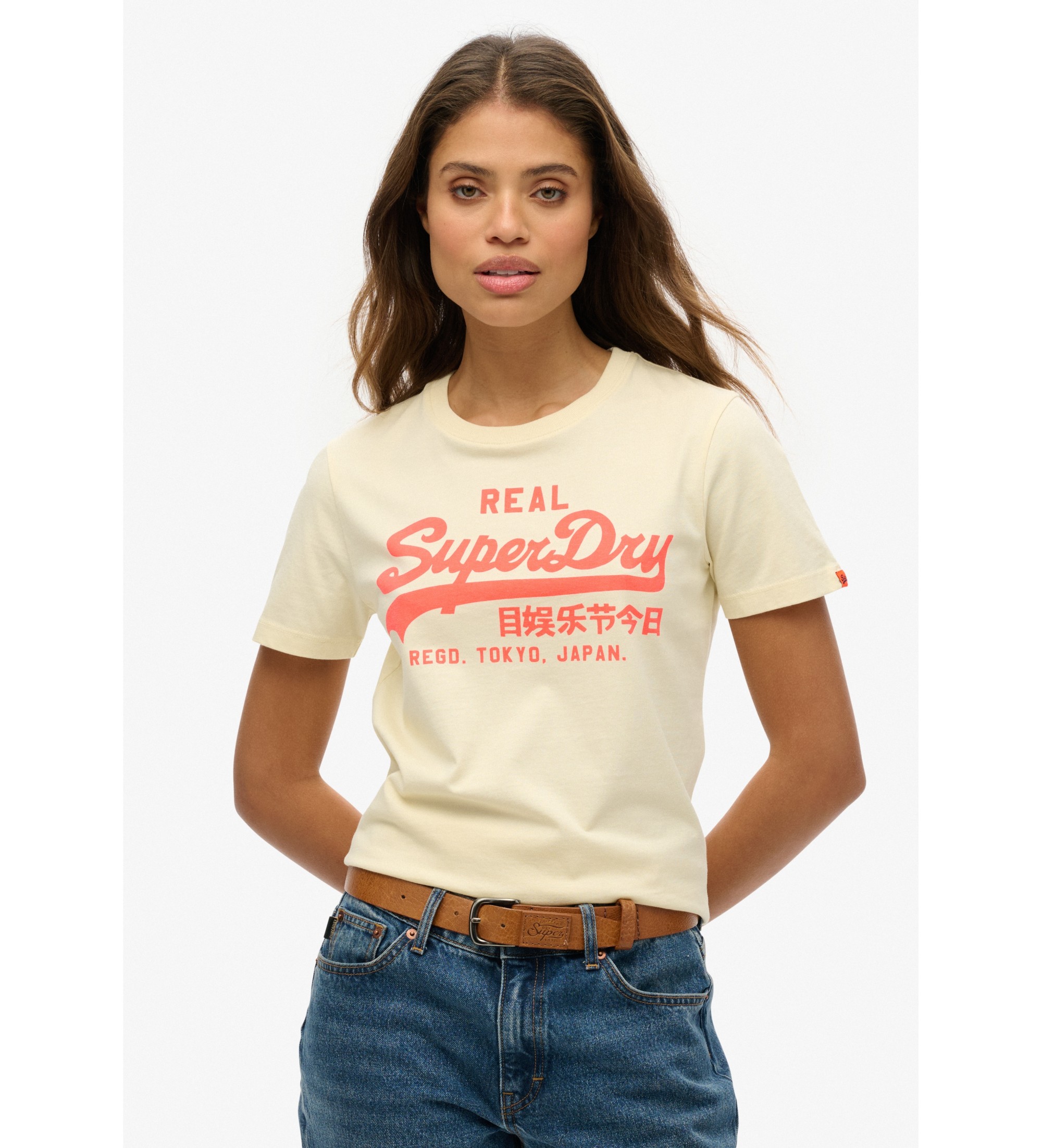 Superdry T-shirt fluorine med beige Vintage-logotyp