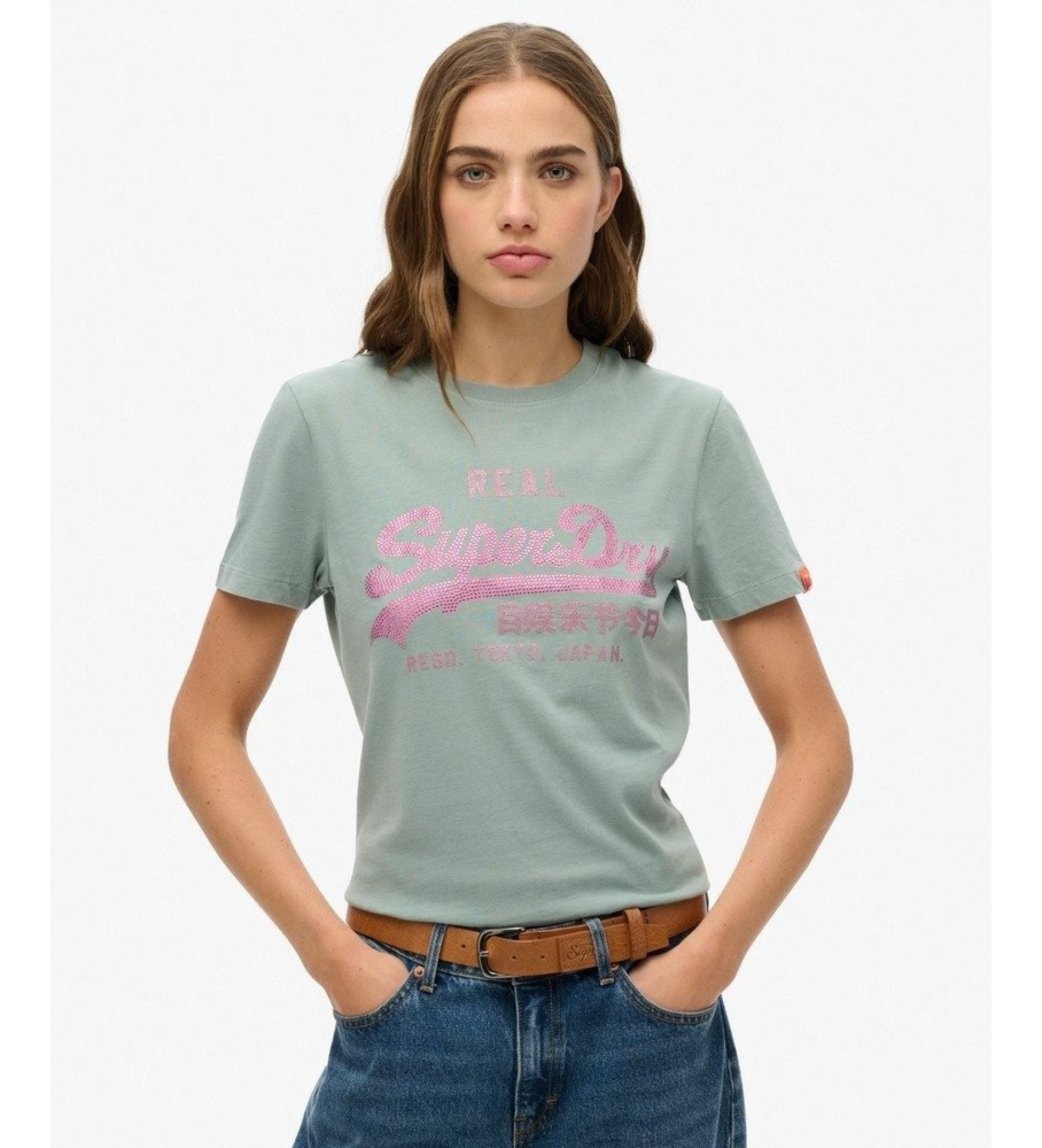 Superdry T-shirt o kroju slim fit z logo Vintage z niebieskimi dżetami