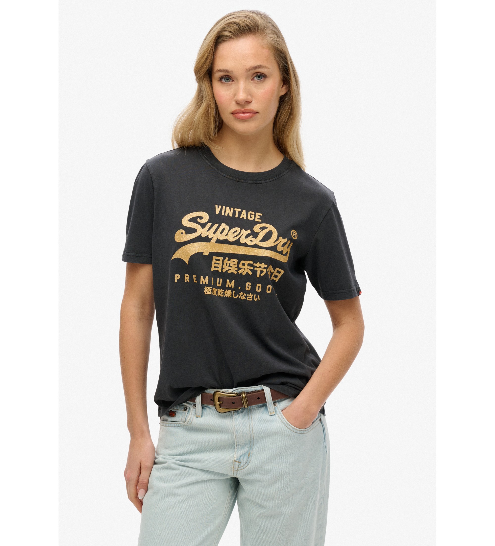 Superdry T-Shirt in lockerer Passform mit metallisiertem Logo Vintage schwarz