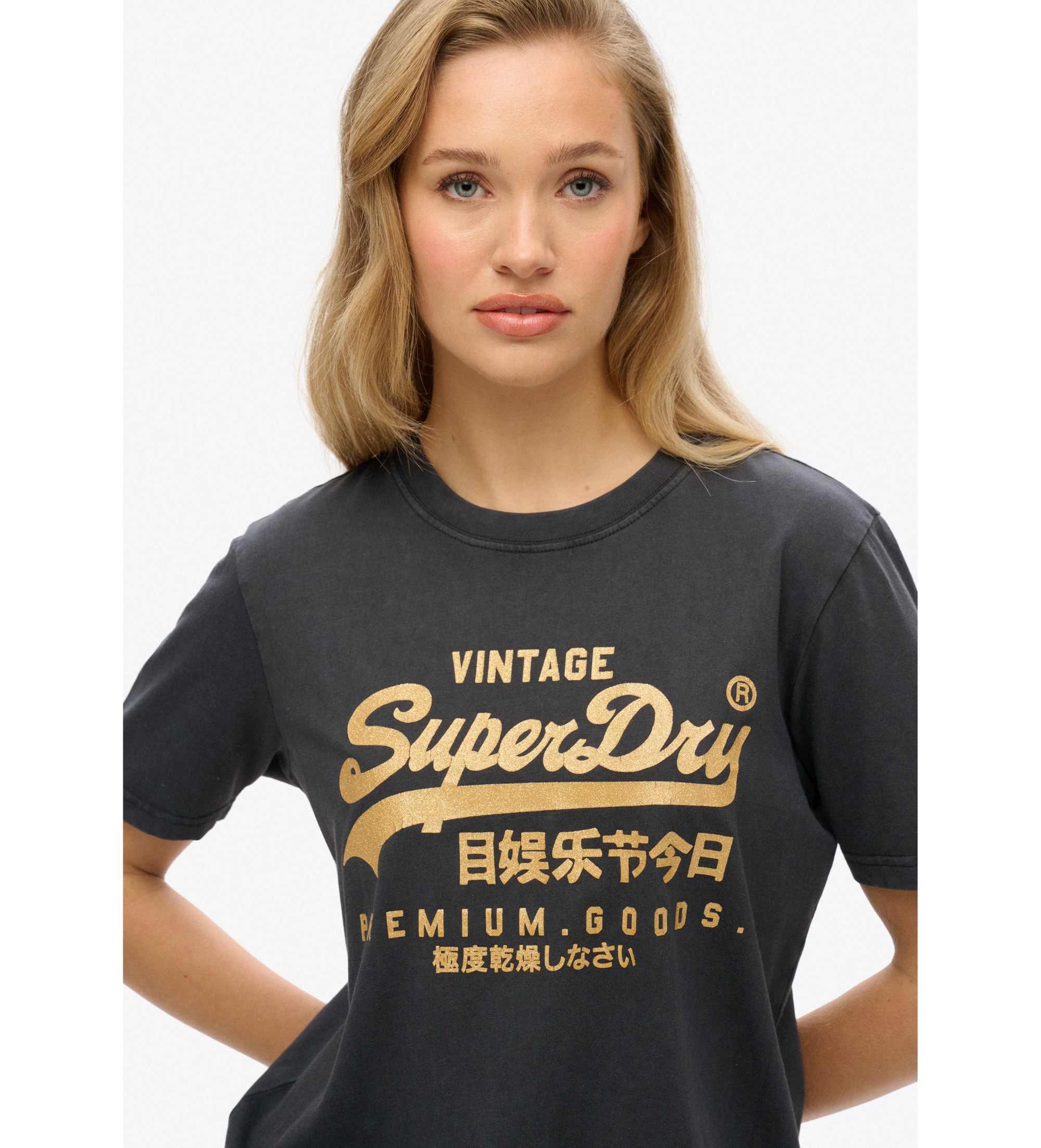 Superdry T-Shirt in lockerer Passform mit metallisiertem Logo Vintage schwarz
