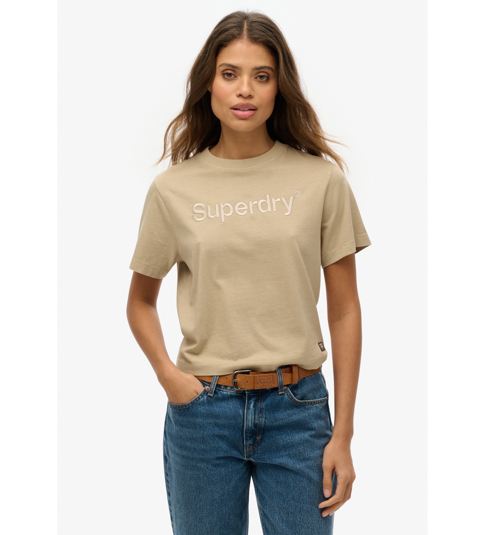 Superdry Square-cut loose T-shirt with beige embroidered Core logo