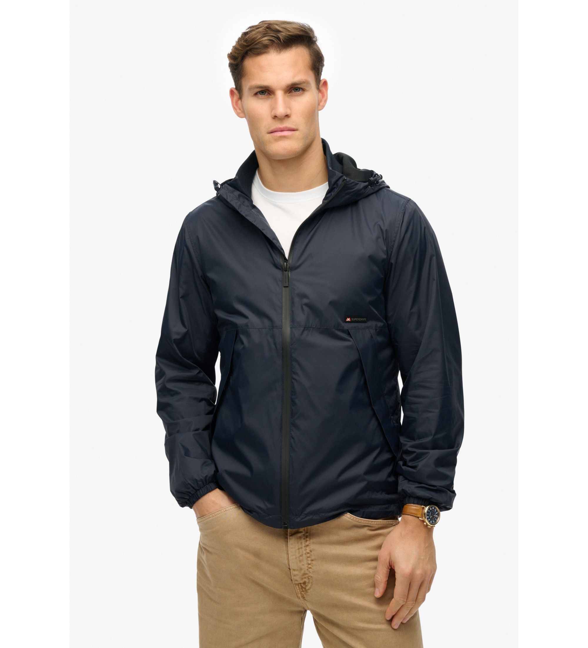 Superdry Vetrovka s kapuco in logotipom mornarice