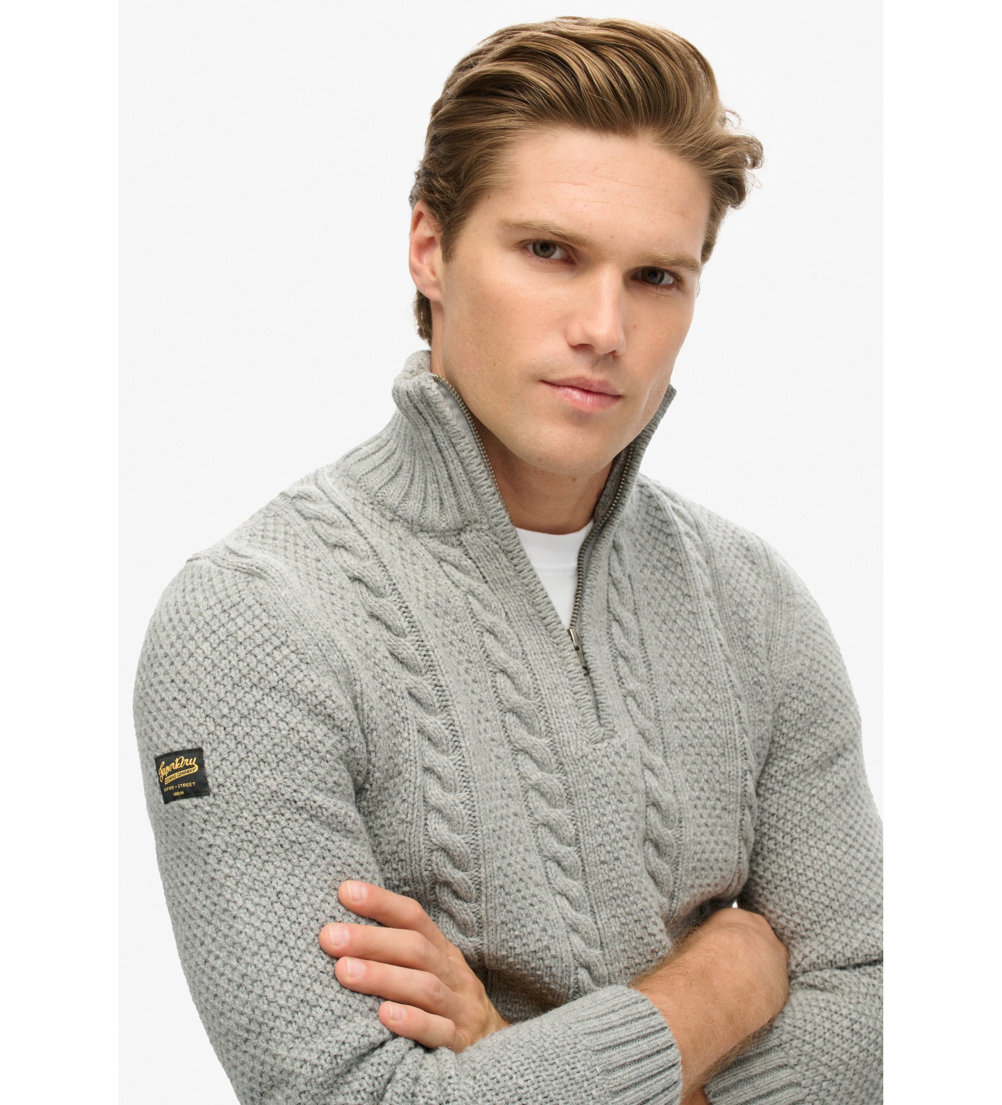 Superdry Vintage Jacob Grey Braided Knitted Half-Zip Pullover with Half Zip