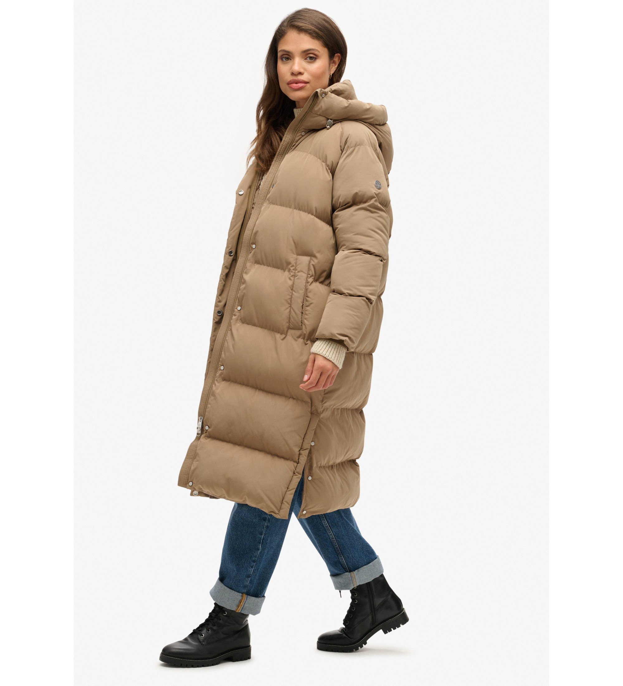 Superdry Długi brązowy pikowany płaszcz z kapturem