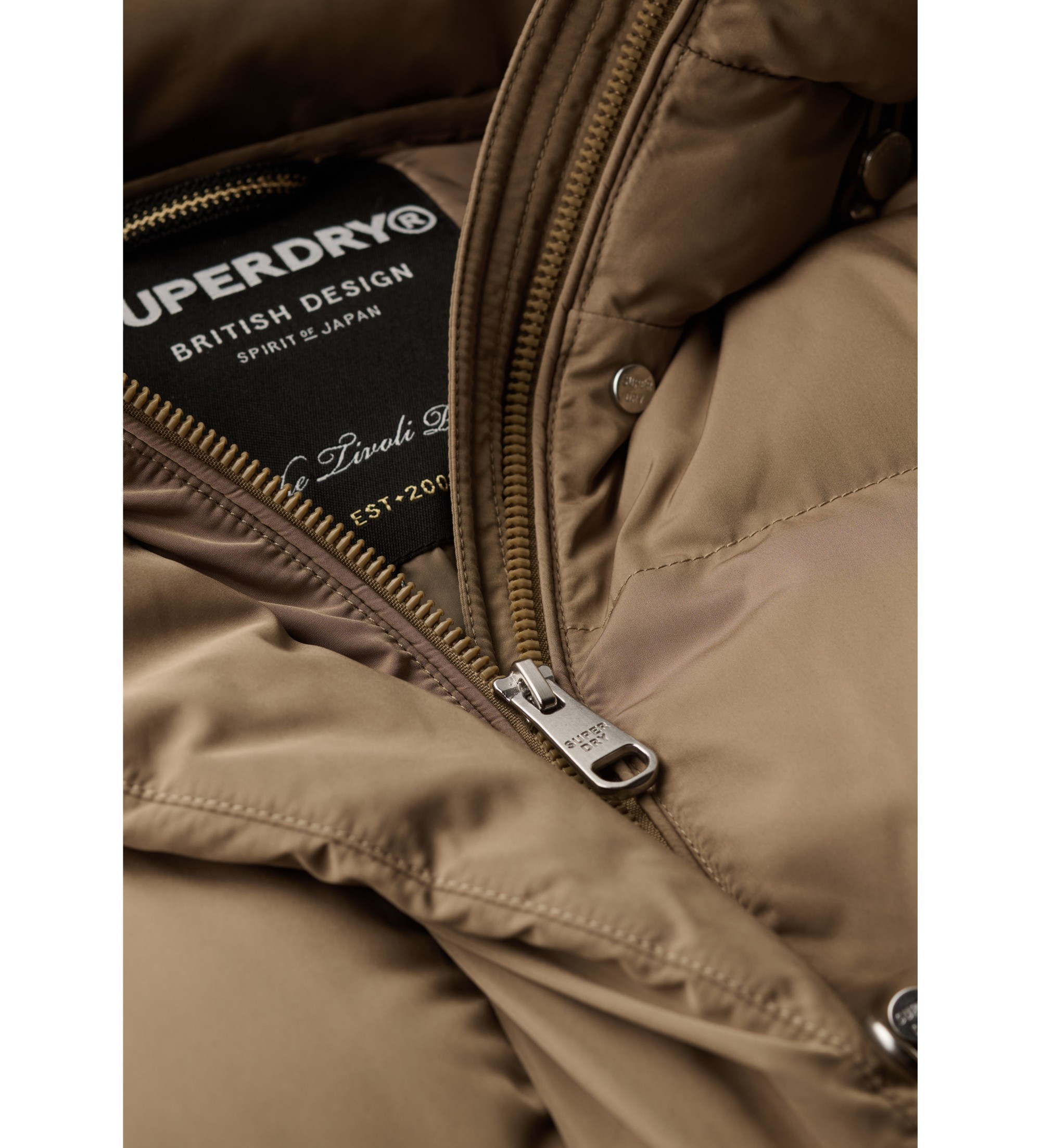 Superdry Długi brązowy pikowany płaszcz z kapturem