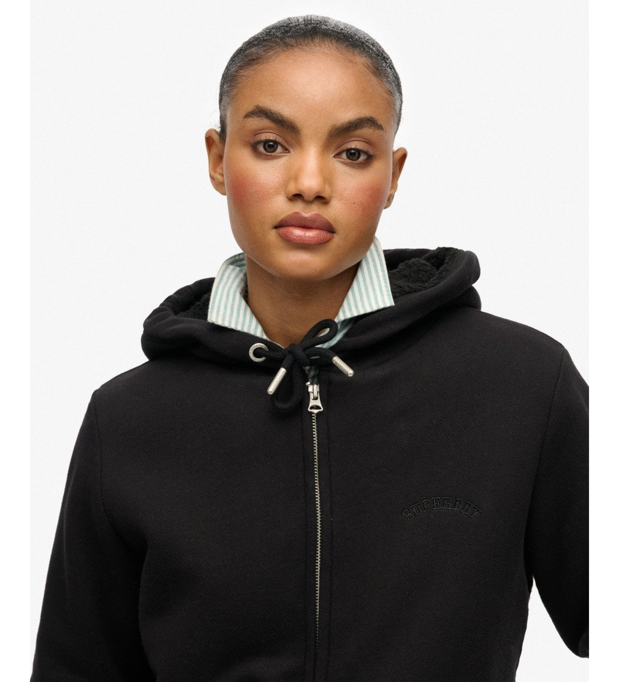 Superdry Felpa con cappuccio e cerniera foderata in pile Borg, nera Superdry Felpa con cappuccio e cerniera foderata in pile Borg, nera