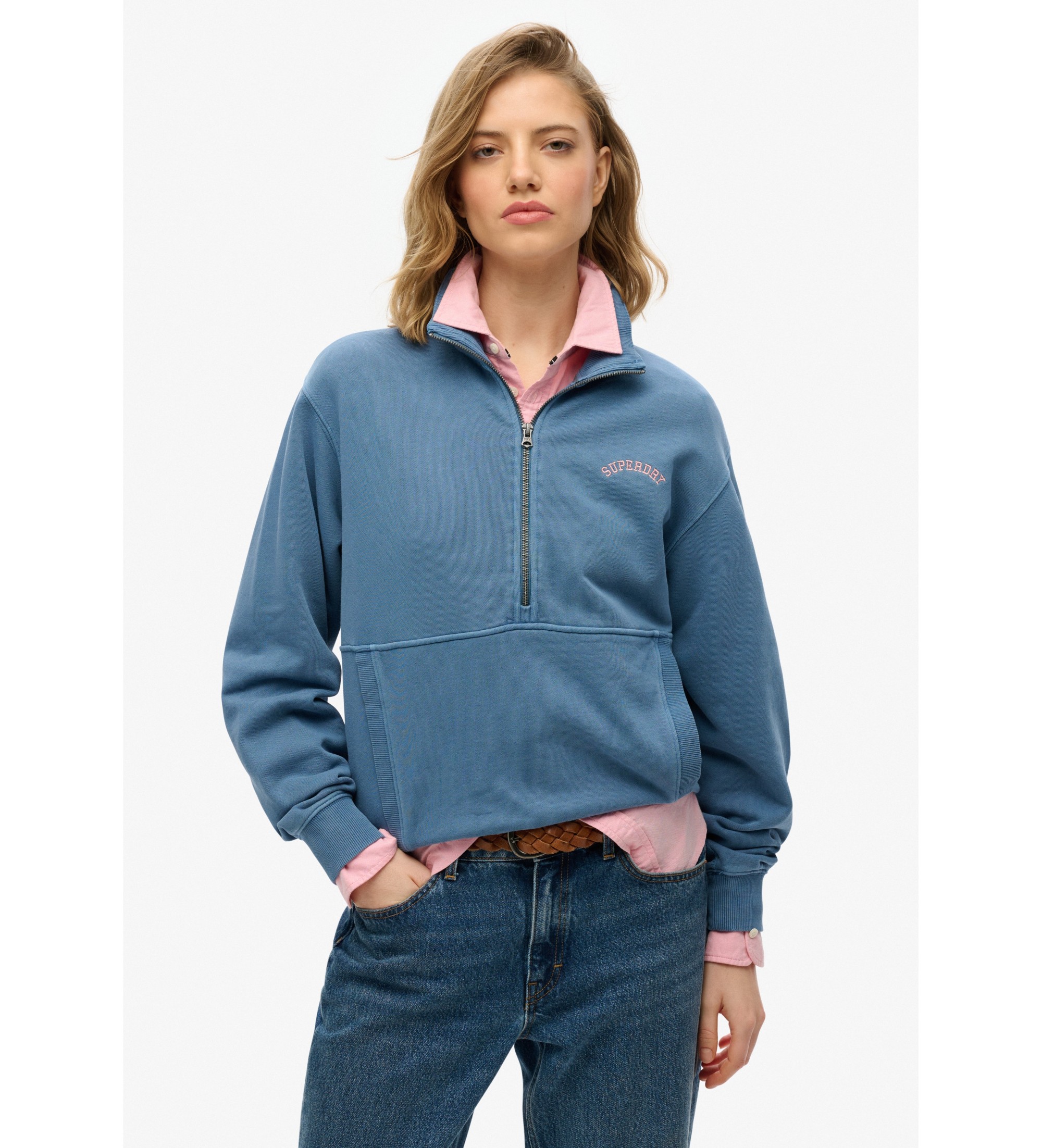 Superdry Sweater met halve rits en logo Essential blauw