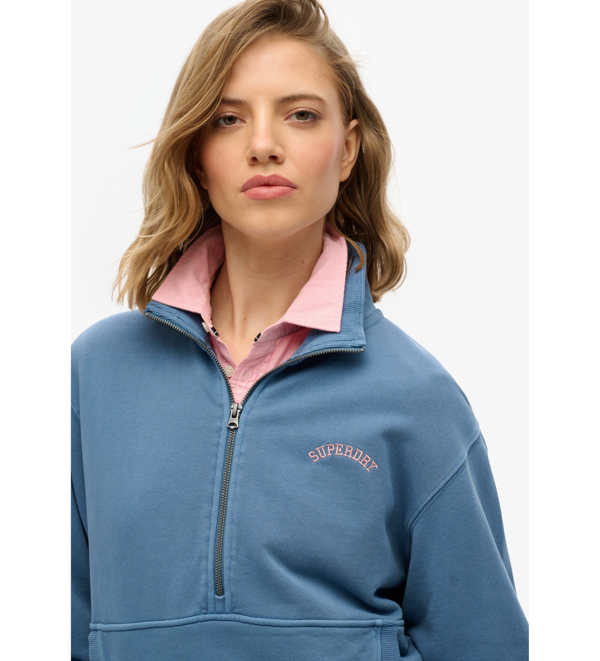 Superdry Sweater met halve rits en logo Essential blauw