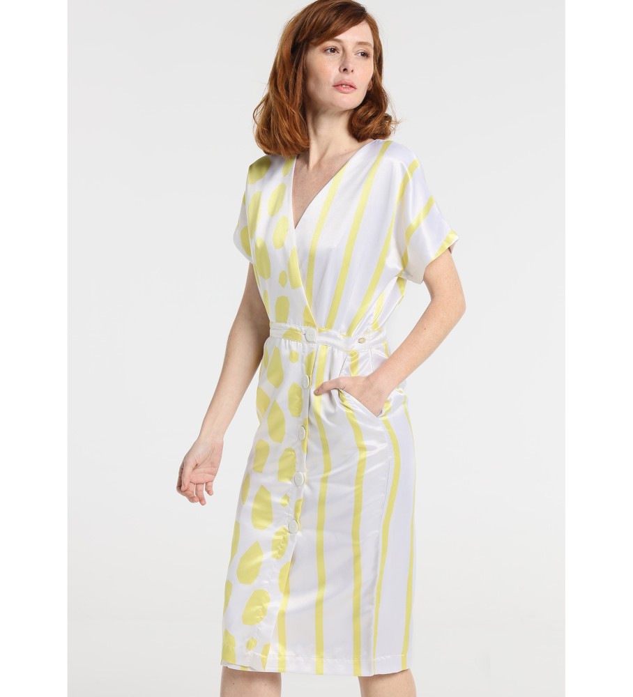 Victorio & Lucchino, V&L Midi Crossover Dress Lemon Line branco, amarelo