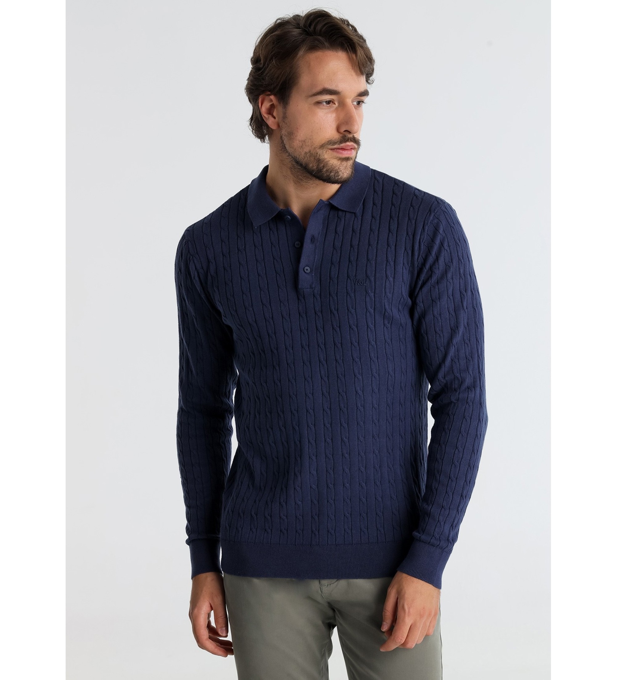 Victorio & Lucchino, V&L Granatowa koszulka polo z dzianiny kablowej