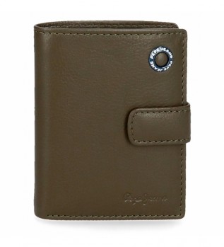 Leather wallet Badge Khaki with click clasp -8.5x10.5x1cm