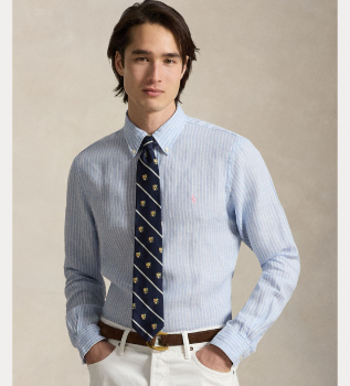 Camisa de lino con rayas Custom Fit azul