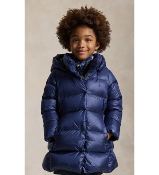 Lange donsjas met capuchon in marineblauw