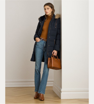 Down coat with navy synthetic fur