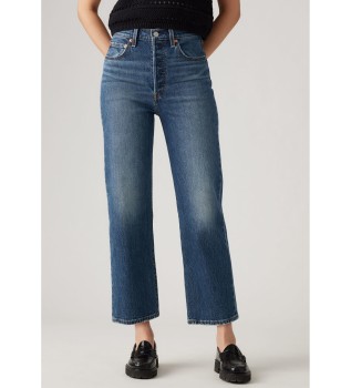 Jeans dritti blu a coste, lunghezza alla caviglia