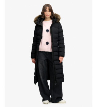 Casaco com capuz Hooded Faux Fur Fuji Longline preto