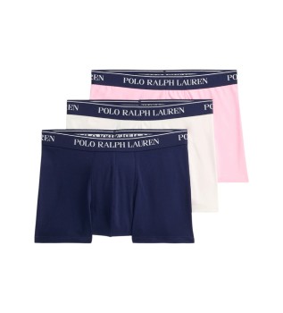 Lot de 3 boxers en coton extensible marine, blanc, rose