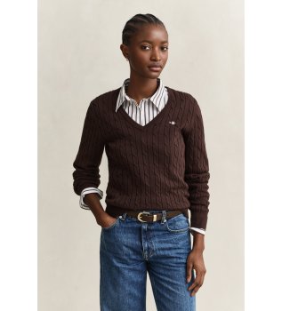Brown cable-knit sweater with V-neck in stretch cotton