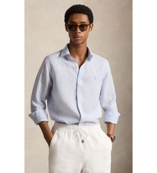 Camicia di lino a righe Custom Fit blu