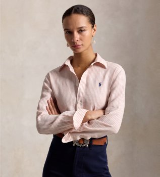 Classic Fit-skjorta i linne med rosa r&aring;ndmönster