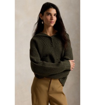 Pull en laine et coton avec patte de boutonnage vert olive