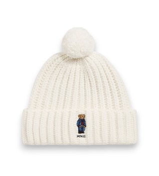 Cream White Ribbed Beanie with Polo Bear and Pom-Pom
