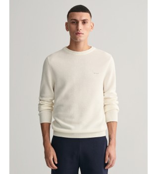 Pull col rond en piqué de coton blanc cassé