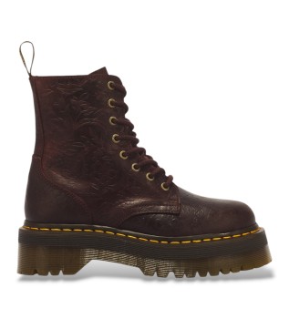 Botas de
plataforma Jadon com 8 furos de cadarço em pele Crazy Horse com gravação floral bordô