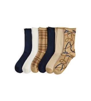 Set 6 Paar Mustersocken, beige, marineblau