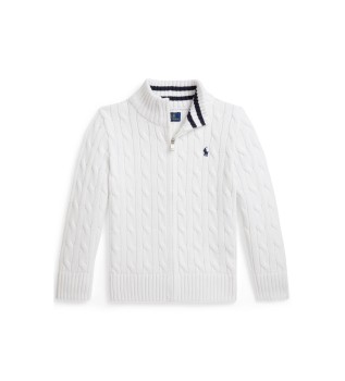 Maglione di cotone in maglia a trecce bianco