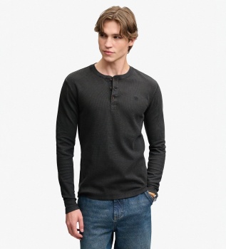 Zwart Henley wafeltricot T-shirt