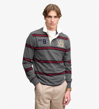 Polo rugby Double Emblem Stripe gris