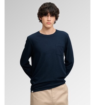 Marineblauw Cotton Linen Pocket T-shirt met lange mouwen