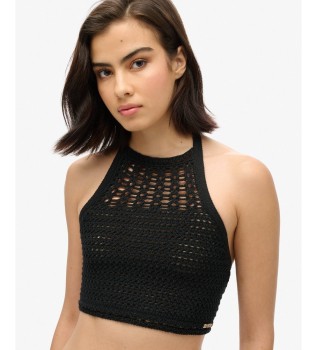 Top Crop Halter Crochet Noir