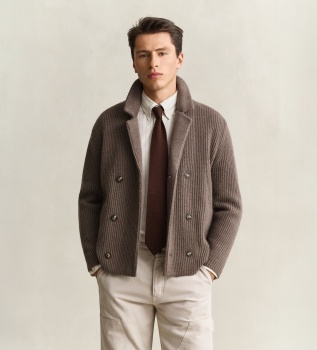 Taupe gebreide vest in blazerstijl