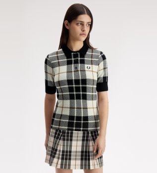 White, black bouclé tartan knit polo shirt