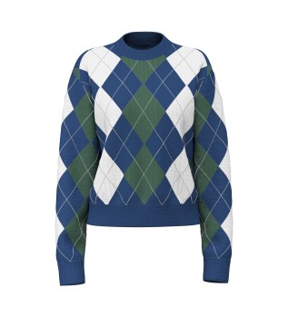 Gracie round neck sweater with blue argyle pattern