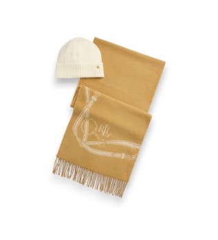 Écharpe à motif équestre et bonnet beige