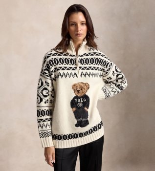 Pullover aus Wolle und Kaschmir mit weißem Polo Bear in Creme