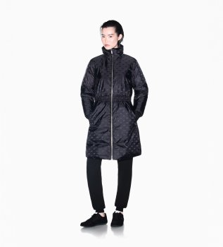 Lange jacquard jas van nylon met capuchon, zwart
