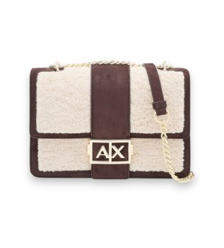 Borsa a tracolla in camoscio e shearling con tracolla a catena beige