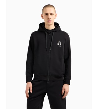 Sweatshirt mit Kapuze und durchgehendem Reiverschluss aus schwarzem laminiertem Baumwoll-Polyester-Stretch