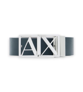 Smooth leather belt with navy logo buckle