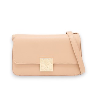 Textured crossbody bag with flap closure and beige logo