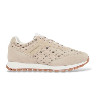Sneakers i mesh och mocka med snörning i beige