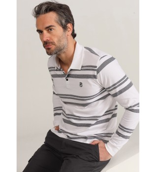 Langrmet stribet poloshirt med hvid jacquardkrave
