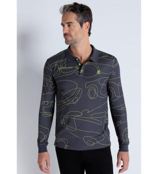 Graues bedrucktes Langarm-Poloshirt