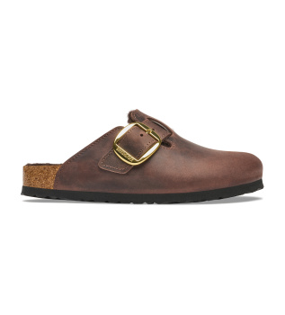 Brown Leather Boston Big Buckle Clogs (Regular Fit)